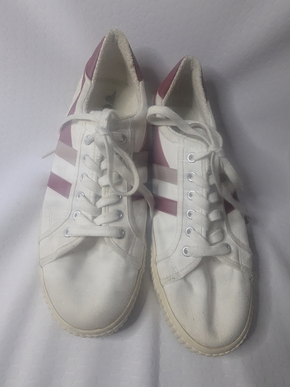 White Canvas Lace-Up Sneakers with Pink Stripes